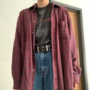 red and blue vintage flannel